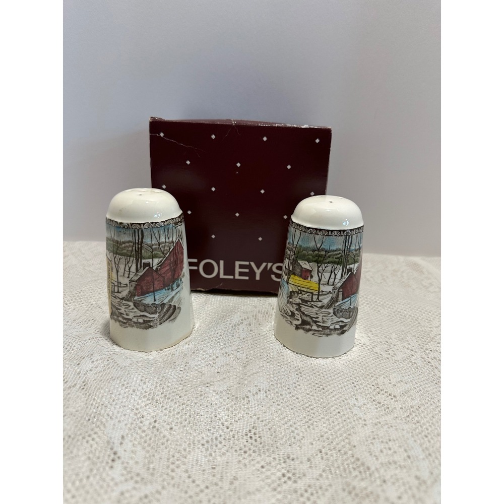 Foleys Vintage Ceramic Salt Pepper Shakers Winter Scene Farmhouse Cabin